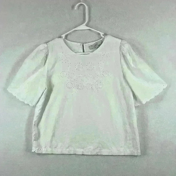 Loft Linen Blend Blouse Women's Sz S White with Eyelet Design and Sleeve Scallop - Picture 1 of 8